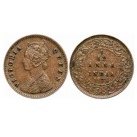 Victoria Queen, Copper, 1/12 Anna, 1875, Calcutta Mint, Obv 'A', No mint mark, Numeral 18 