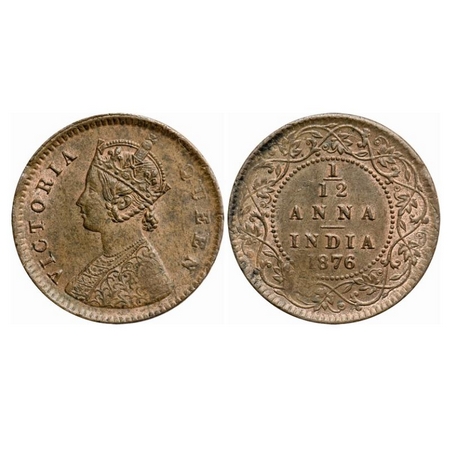 Victoria Queen, Copper, 1/12 Anna, 1876, Calcutta Mint, Obv 'A', No mint mark. GK 888. Ext