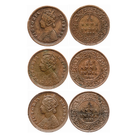 Victoria Empress, Copper, 1/12 Anna (3 coins), 1883, Bombay Mint, Obv 'A', No mint mark, 1