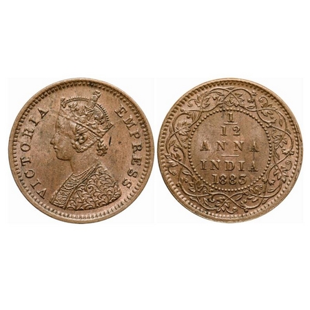 Victoria Empress, Copper, 1/12 Anna, 1883, Bombay Mint, Obv 'A', No mint mark. GK 895. Alm