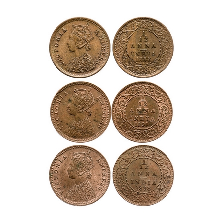 Victoria Empress, Copper, 1/12 Anna (3 coins), 1888, Bombay Mint, Obv 'A', No mint mark, 1