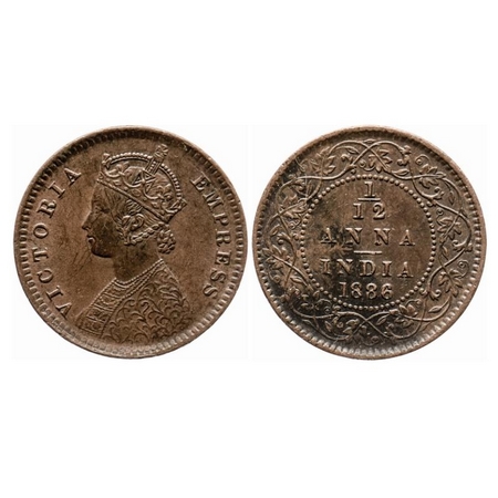 Victoria Empress, Copper, 1/12 Anna, 1886, Calcutta Mint, Obv 'B', 'C' incused. GK 902. Ex
