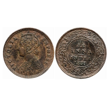 Victoria Empress, Copper, 1/12 Anna, 1888, Calcutta Mint, Obv 'B', No mint mark. GK 908. A