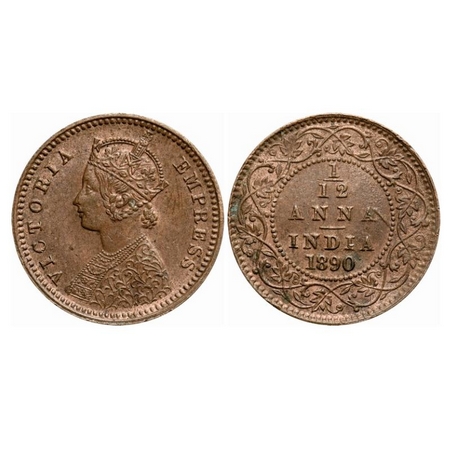 Victoria Empress, Copper, 1/12 Anna, 1890, Calcutta Mint, Obv 'B', No mint mark, Few nicks