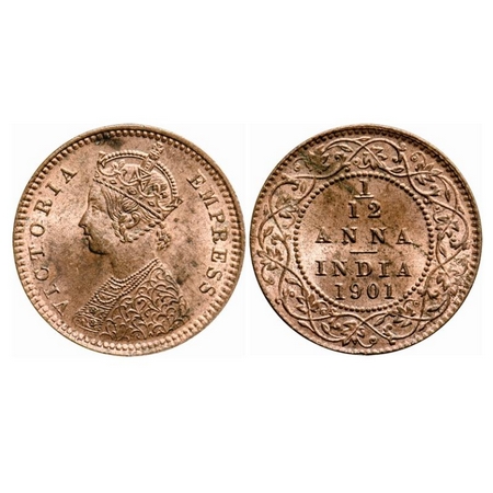 Victoria Empress, Copper, 1/12 Anna, 1901, Calcutta Mint, Obv 'B', No mint mark. GK 921. U