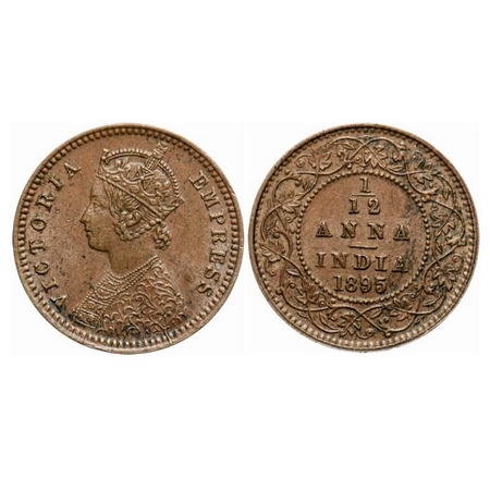 Victoria Empress, Copper, 1/12 Anna, 1895, Calcutta Mint, Obv B, No mint mark. GK 916. Abo