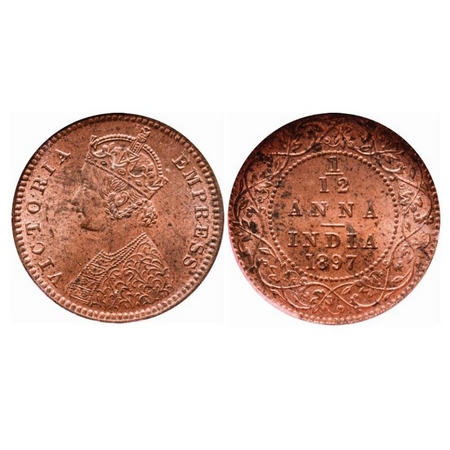 Victoria Empress, Copper, 1/12 Anna, 1897, Calcutta Mint, Obv 'B', No mint mark. GK 918. N