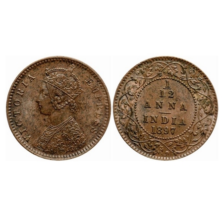 Victoria Empress, Copper, 1/12 Anna, 1897, Calcutta Mint, Obv 'B', No mint mark. GK 918. U