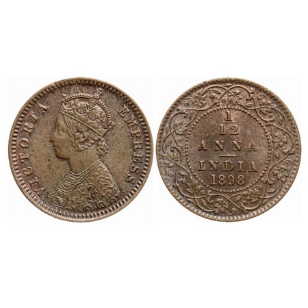 Victoria Empress, Copper, 1/12 Anna, 1898, Calcutta Mint, Obv B, No mint mark. GK 919. Abo