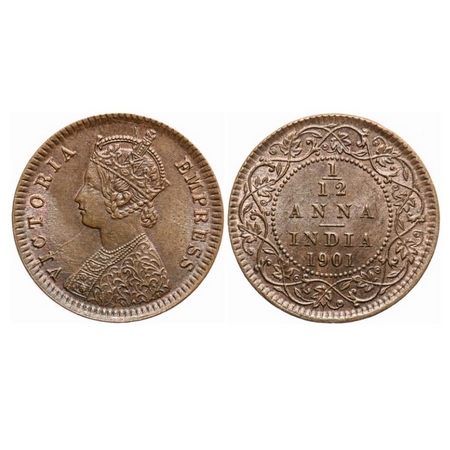 Victoria Empress, Copper, 1/12 Anna, 1901, Calcutta Mint, Obv 'B', No mint mark. GK 921. U