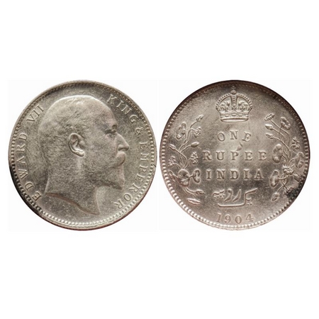 Edward VII, Silver, Rupee, 1904, Calcutta Mint, Ghost on rev. GK 930. NGS Slabbed. AMS 50.