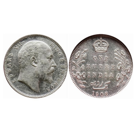 Edward VII, Silver, Rupee, 1905, Bombay Mint, 'B' incused and Dot, Top stroke of numeral '