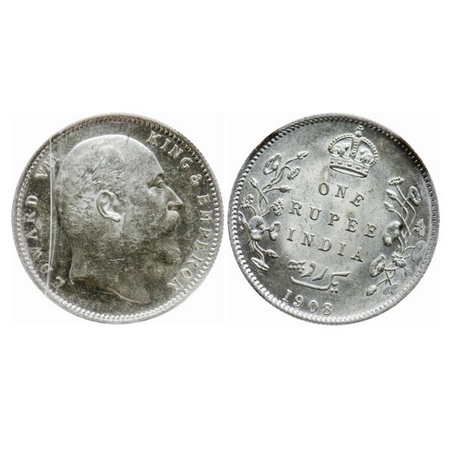 Edward VII, Silver, Rupee, 1908, Calcutta Mint, 'No mint mark, 1'o clock on rev. (The slab