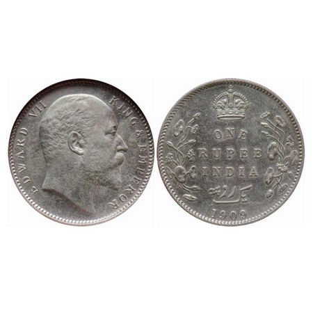 Edward VII, Silver, Rupee, 1909, Calcutta Mint, No mint mark. GK 950. NGS Slabbed Extremel