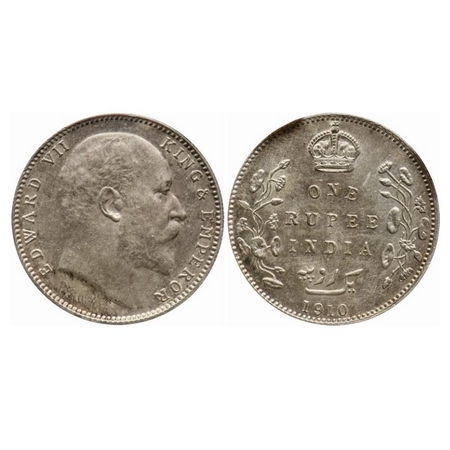 Edward VII, Silver, Rupee, 1910, Bombay Mint, 'B' incused, Dot. GK 958. NGS Slabbed AMS 55
