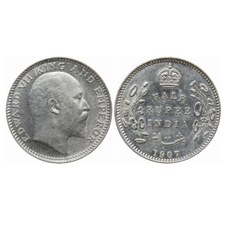 Edward VII, Silver, Half Rupee, 1907, Calcutta Mint, No mint mark. GK 967. About Uncircula