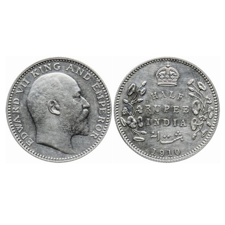 Edward VII, Silver, Half Rupee, 1910, Calcutta Mint, No mint mark. GK 971. Extremely Fine+