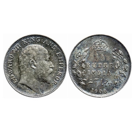 Edward VII, Silver, 1/4 Rupee, 1906, Calcutta Mint, No mint mark. GK 975. Uncirculated, To