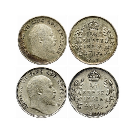 Edward VII, Silver, 1/4 Rupee (2 coins), 1907, 1910, Calcutta Mint, No mint mark. GK 976, 
