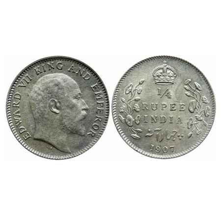 Edward VII, Silver, 1/4 Rupee, 1907, Calcutta mint, No mint mark, Ghost on obv and rev, Di