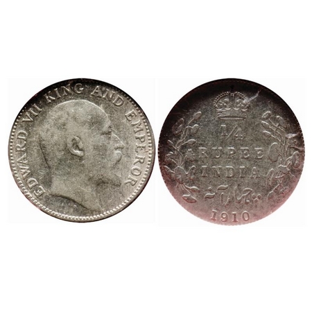 Edward VII, Silver, 1/4 Rupee, 1910, Bombay Mint, Dot. GK 979. NGS Slabbed. VF 35. Scarce.