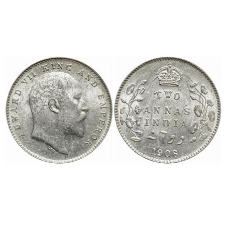 Edward VII, Silver, 2 Annas, 1906, Calcutta Mint, No mint mark. GK 983. Uncirculated. Rare