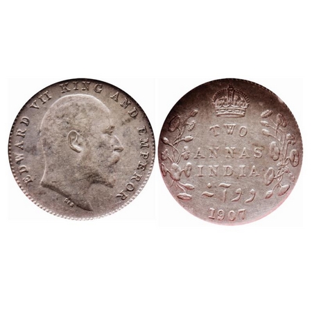 Edward VII, Silver, 2 Annas, 1907, Calcutta Mint, No mint mark. GK 984. NGS Slabbed. AMS 5