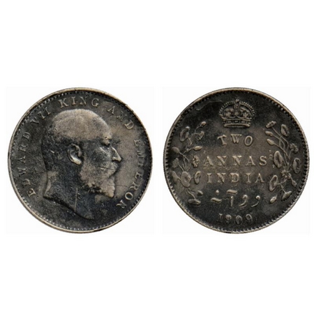 Edward VII, Silver, 2 Annas, 1909, Calcutta Mint. GK 986. About Very Fine, Very Scarce.
