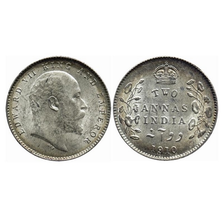 Edward VII, Silver, 2 Anna, 1910, Calcutta Mint, No mint mark. GK 987. Uncirculated. Rare.