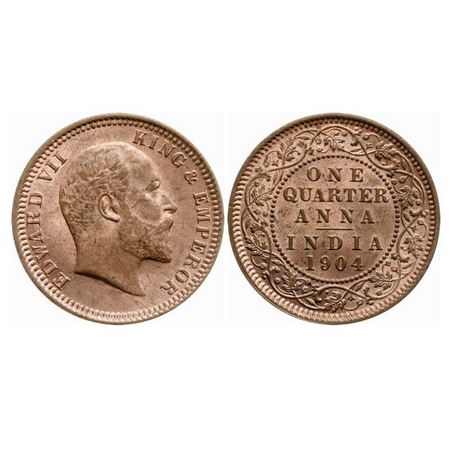 Edward VII, Copper, Quarter Anna, 1904, Calcutta Mint, No mint mark. GK 995. Uncirculated.