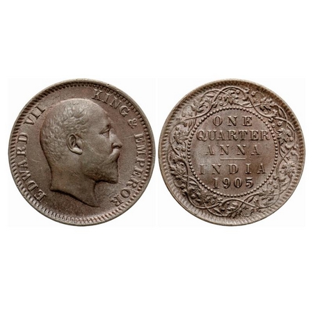 Edward VII, Copper, Quarter Anna, 1905, Calcutta Mint, No mint mark, Die cracks on obv and