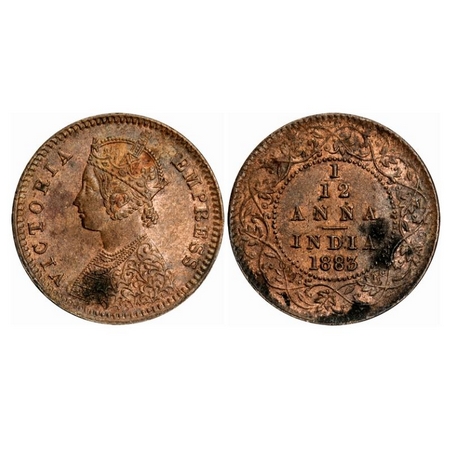 Victoria Empress, Copper, 1/12 Anna, 1883, Calcutta Mint, Obv 'B', 'C' incused. GK 896. Un