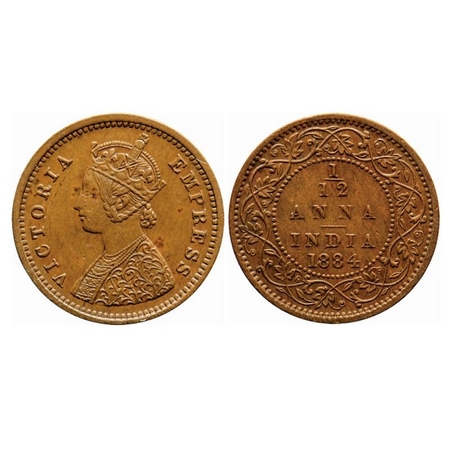 Victoria Empress, Copper, 1/12 Anna, 1884, Bombay Mint, Obv A, No mint mark. GK 898. Extre