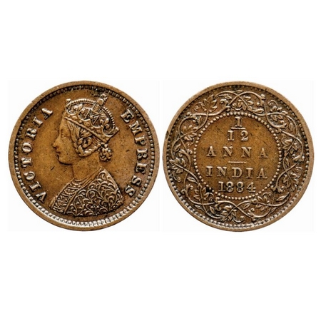 Victoria Empress, Copper, 1/12 Anna, 1884, Bombay Mint, Obv A, No mint mark, Nick on Obv r