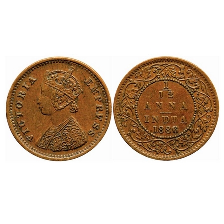 Victoria Empress, Copper, 1/12 Anna, 1886, Bombay Mint, Obv A, No mint mark. GK 901. Extre
