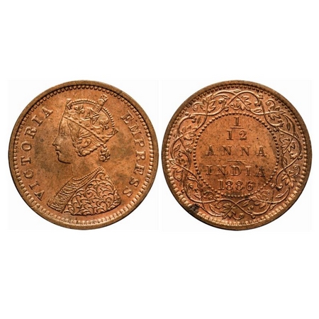 Victoria Empress, Copper, 1/12 Anna, 1886, Bombay Mint, Obv A, No mint mark. GK 901. Uncir