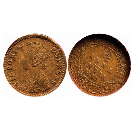 Victoria Empress, Copper, 1/12 Anna, 1887, Bombay Mint, Obv A, No mint mark, 1 o'clock on 