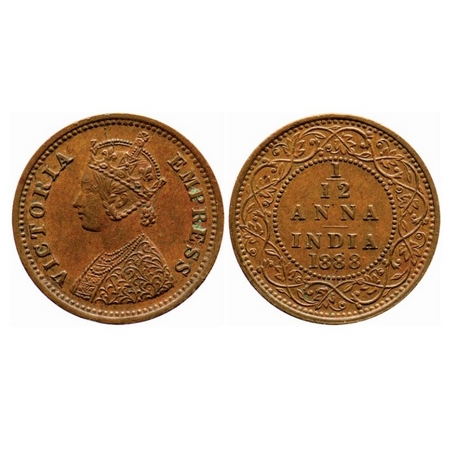 Victoria Empress, Copper, 1/12 Anna, 1888, Bombay Mint, Obv A, No mint mark, Die cracks on