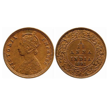 Victoria Empress, Copper, 1/12 Anna, 1891, Calcutta Mint Obv B, No mint mark. GK 912. Almo