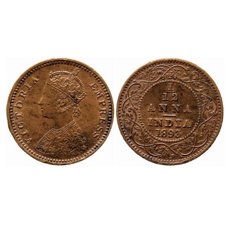 Victoria Empress, Copper, 1/12 Anna, 1893, Calcutta Mint, Obv B, No mint mark, Multiple di