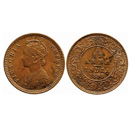 Victoria Empress, Copper, 1/12 Anna, 1895, Calcutta Mint, Obv B, No mint mark, Die cracks 