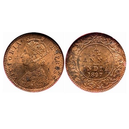 Victoria Empress, Copper, 1/12 Anna, 1897, Calcutta Mint, Obv B, No mint mark, Ghost on Re