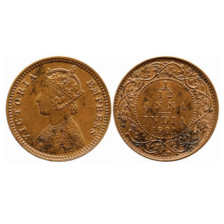 Victoria Empress, Copper, 1/12 Anna, 1901, Calcutta Mint, Obv B, No mint mark. GK 921. Unc