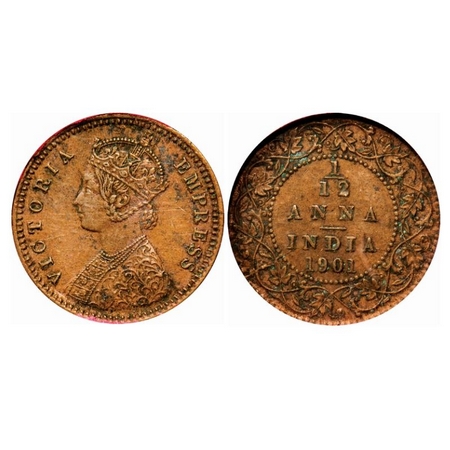 Victoria Empress, Copper, 1/12 Anna, 1901, Calcutta Mint, Obv B, No mint mark. GK 921. NGS