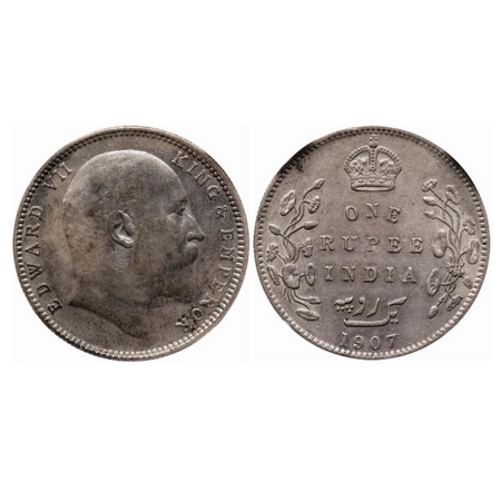 Edward VII, Silver, Rupee, 1907, Bombay Mint, 'B' incused and dot. GK 943. NGS Slabbed XF 