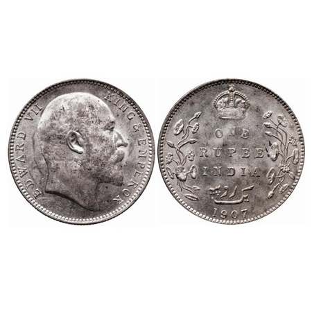 Edward VII, Silver, Rupee, 1907, Bombay Mint, 'B' incused, Dot, Die crack on Obv. GK 943. 