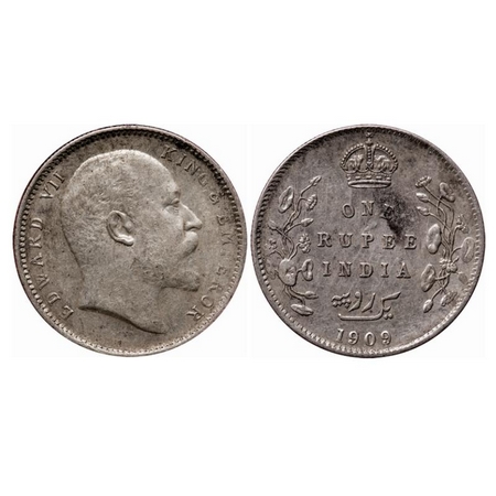 Edward VII, Silver, Rupee, 1909, Calcutta Mint, No mint mark, Ghost on Rev. GK 950. NGS Sl