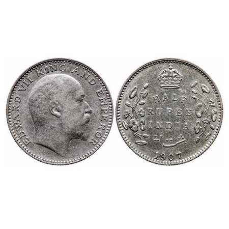 Edward VII, Silver, Half Rupee, 1907, Bombay Mint, 'B' incused and dot. GK 965. Extremely 