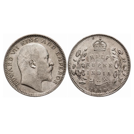 Edward VII, Silver, Half Rupee, 1910, Calcutta Mint, No mint mark, Scratch on Obv, With or