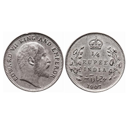 Edward VII, Silver, 1/4 Rupee, 1907, Calcutta mint, No mint mark, Die cracks on Obv, Nicks